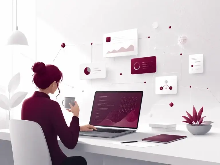 Moderne IT-werkplek met laptop, data en digitale netwerkvisualisaties