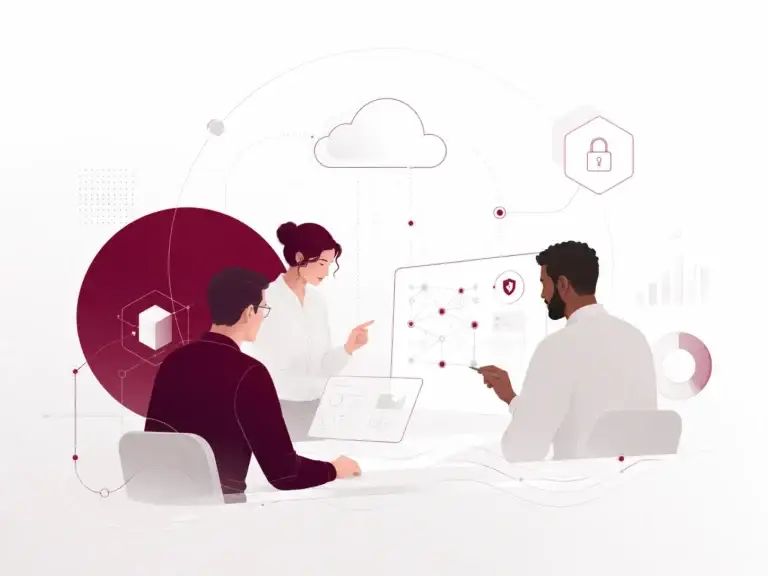 IT-professionals werken samen aan cloudtechnologie, beveiliging en digitale oplossingen