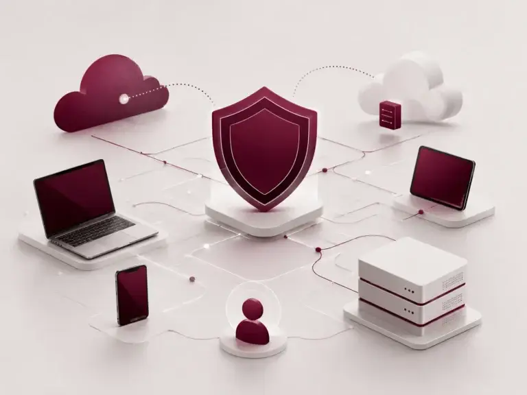 Digitale beveiliging met schild, cloud, servers en verbonden apparaten
