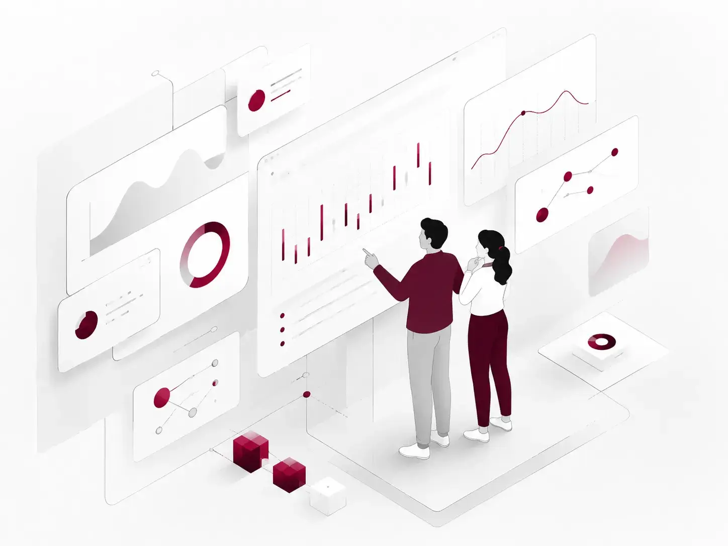 Professionals analyseren digitale gegevens en IT-informatie via moderne dashboards