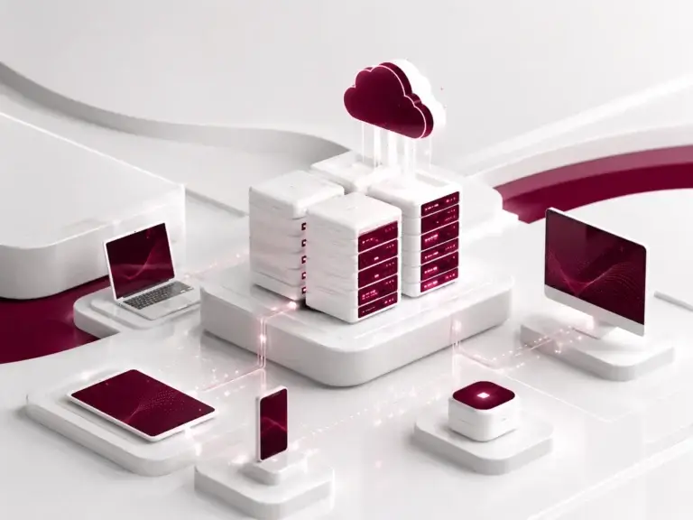 Moderne cloudinfrastructuur met servers, computers en verbonden digitale apparaten