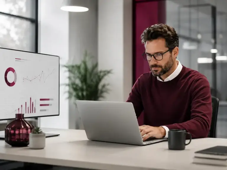 IT-specialist analyseert digitale data en prestaties op laptop en monitor in een modern kantoor.