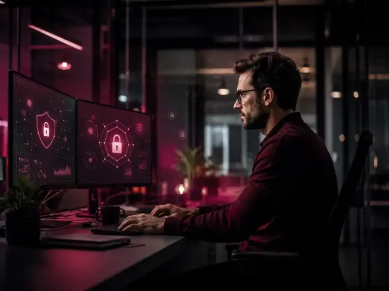 IT-professional werkt aan cybersecurity en digitale beveiliging met beveiligingsdashboard op meerdere schermen.