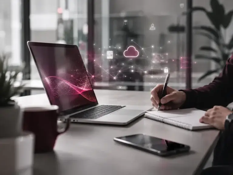 Laptop met visualisatie van cloudtechnologie, digitale verbindingen en moderne IT-infrastructuur.