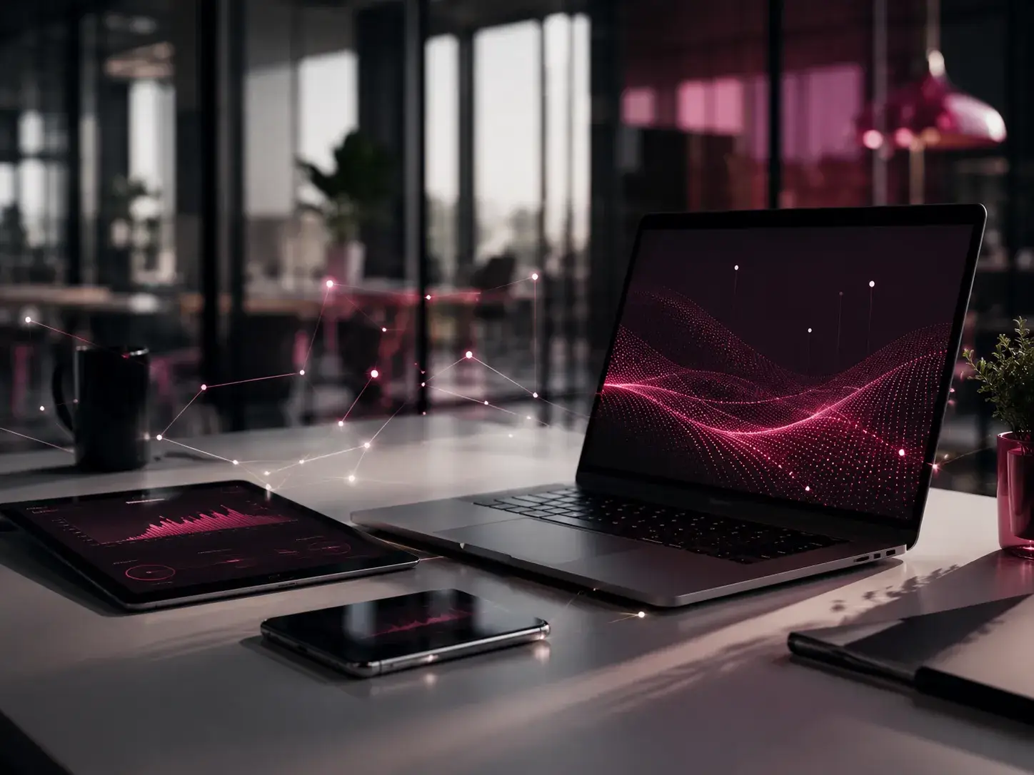 Moderne laptop en tablet met digitale datavisualisaties en netwerkverbindingen in een professionele IT-omgeving.