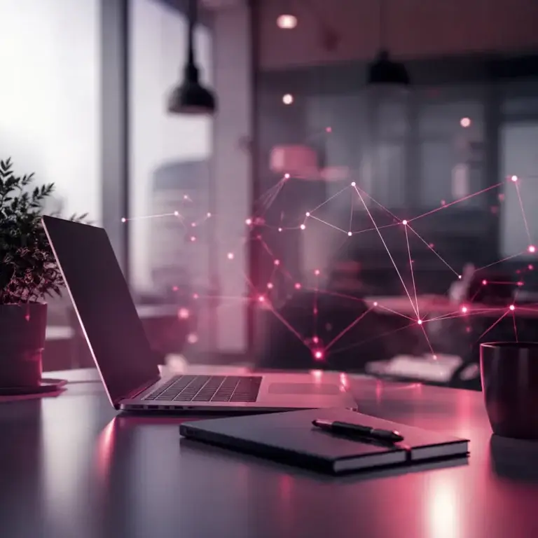Moderne IT-werkplek met laptop en abstract digitaal netwerk dat innovatie en technologische ontwikkeling visualiseert.