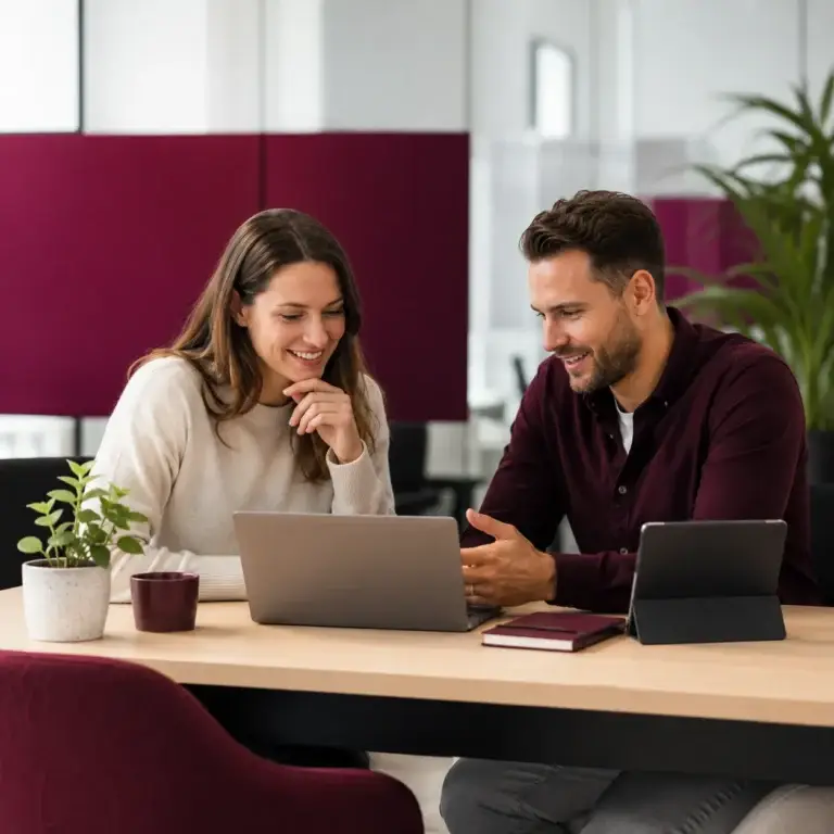 Twee professionals bespreken IT-vragen en digitale oplossingen samen aan een bureau in een modern kantoor.